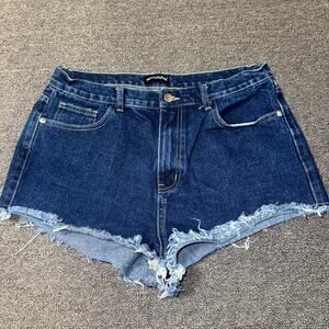 PrettyLittleThing Denim Shorts Women 14 Blue Dark Wash Pocket Cheeky Frayed Hem